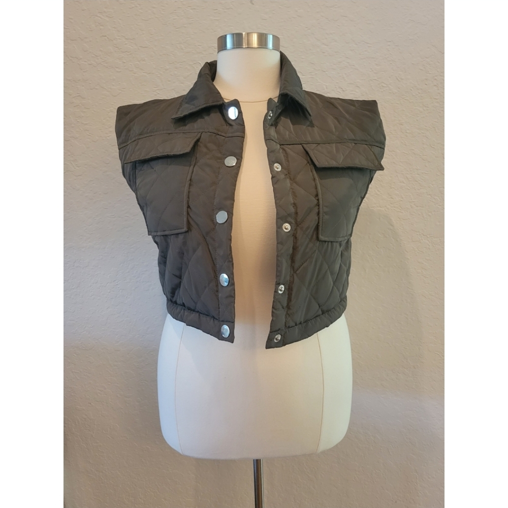 Olive Green Quilted Puffer Vest - Picture 2 of 3